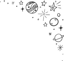Fototapeta premium Cosmic doodles are forming border on transparent backdrop, featuring ringed planet and stars