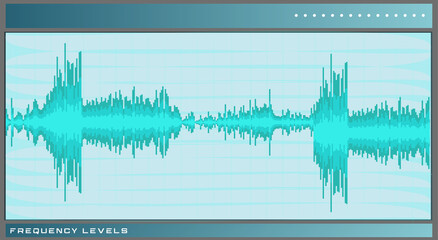 Audio waveform is moving across transparent flat UI with turquoise peaks teal grid FREQUENCY LEVELS