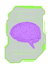 Stylized purple brain floating over futuristic UI frame showing code text on transparent background
