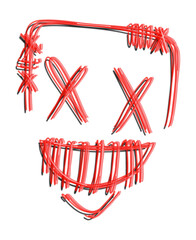 Abstract stylized smiling face is glowing with red neon scribble strokes on transparent background