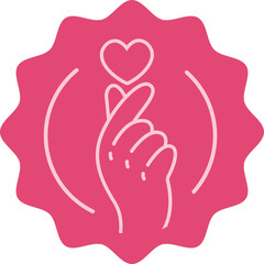 Flat line art hand is making finger heart gesture on pink seal, floating on transparent background