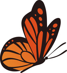 Displaying vector butterfly with black outlines and orange gradient wings on transparent background