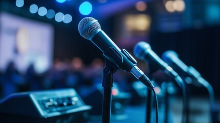 A professional speaker setup at a conference, with microphones, amplifiers, and high-quality speakers arranged on stage.