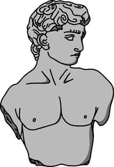 flat design male bust sculpture is floating on transparent background with curly hair and shoulders