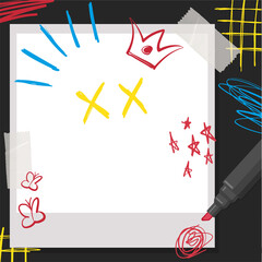 Fototapeta premium Flat Polaroid frame is showing teal core with marker doodles on transparent background, copy space