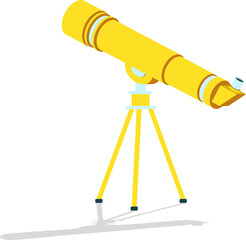 Stylized yellow telescope is floating on transparent background, featuring accent rings and tripod