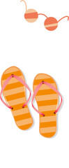 Displaying flat striped flip-flops and round sunglasses on transparent background, summer theme