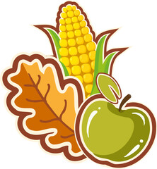 Harvest symbols are floating in flat design with corn, apple, oak leaf on transparent background