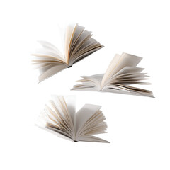 Three open books with a white color scheme floating on transparent background

