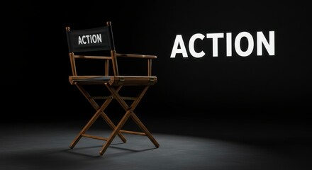 Director's chair, illuminated by spotlight, against dark backdrop, with the word "ACTION" prominently displayed