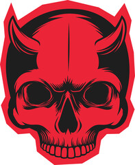 Flat vector stylized red-black skull is floating on transparent background, featuring curved horns