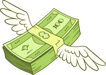 Stack of green banknotes is flying with white wings in cartoon style, transparent background