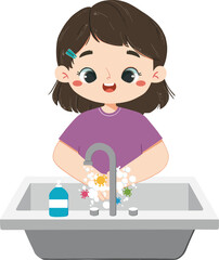 Clean Hands, Healthy Future: An illustration captures a young girl washing her hands meticulously in a bathroom sink, promoting health and hygiene awareness.