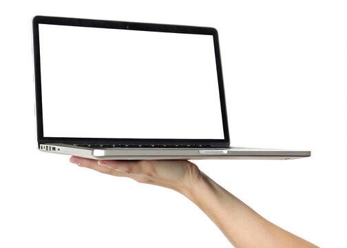 Hand holding laptop computer png isolated on a white background generated ai