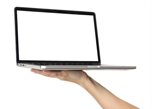 Hand holding laptop computer png isolated on a white background generated ai