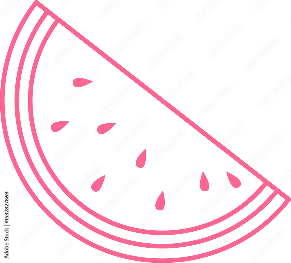 Poster pink line-art watermelon slice is showing layered rind and teardrop seeds on transparent background