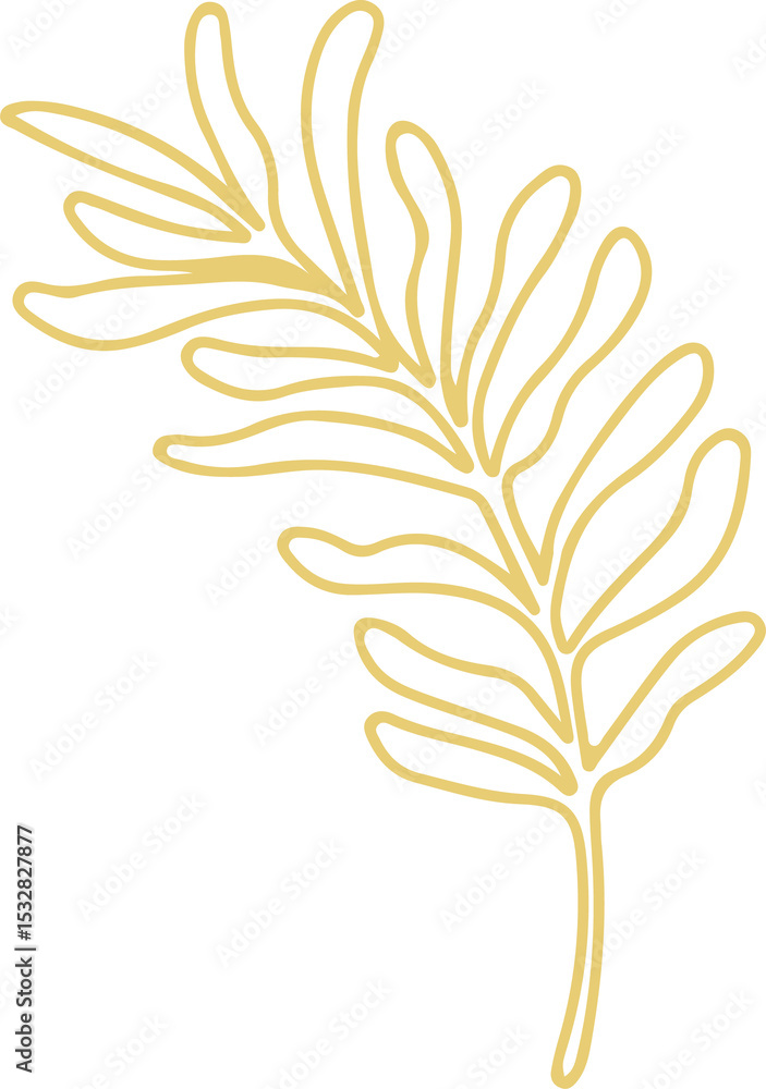 Poster golden botanical frond is floating in line art style with curved leaflets on transparent background