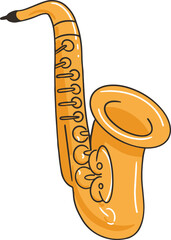 Flat design brass saxophone is floating diagonally on transparent background, keys and flared bell