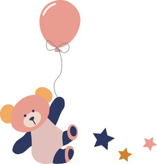 Flat vector teddy bear is holding string lifting pink balloon with stars, transparent background