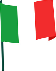 Flat illustration showing Italian tricolor flag waving on dark green pole, transparent background