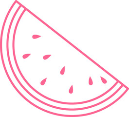 Pink line-art watermelon slice is showing layered rind and teardrop seeds on transparent background