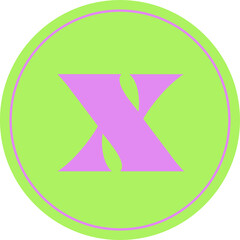 Lavender X emblem is floating in flat design on lime green disc with ring, transparent background