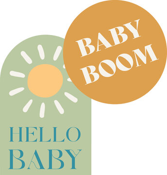 Naklejki Flat pastel baby announcement is showing sun, green arch and mustard circle, transparent background