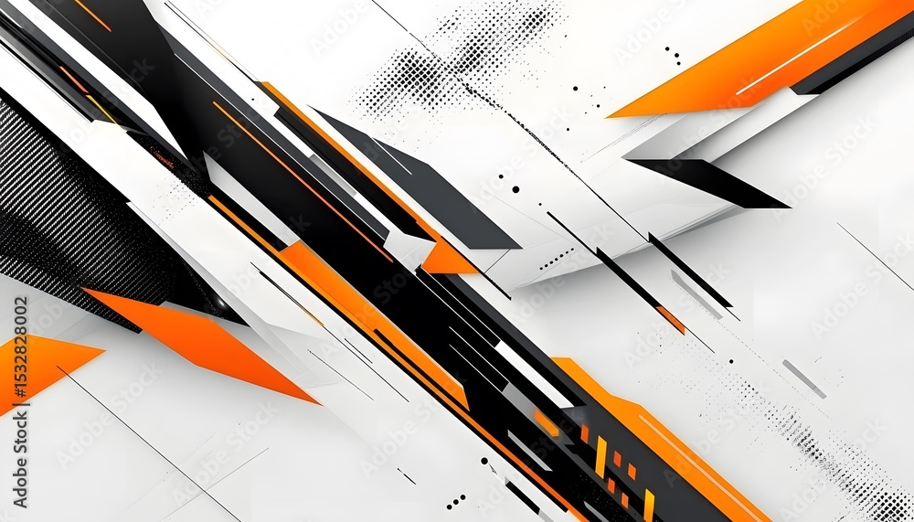 Poster abstract design with orange and black lines on a white background.