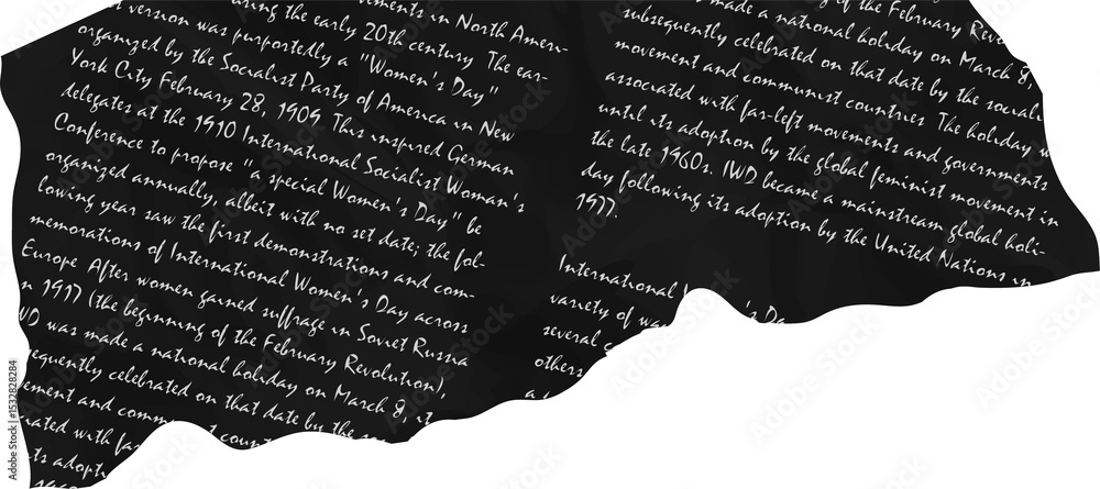 Poster vector design showing abstract black shape with white cursive history text, transparent background
