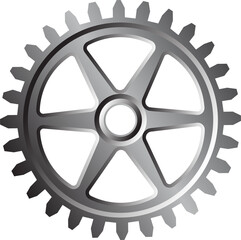 Metal cogwheel is being rendered in 3D with radial spokes and silver-gray, transparent background