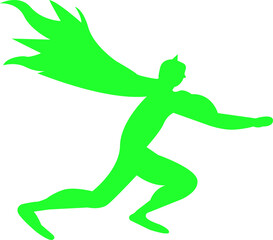 Flat vector superhero silhouette is moving forward on transparent background, with flowing cape