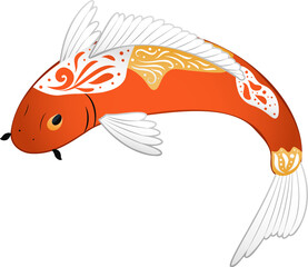 Ornamental orange-white koi fish swimming on clear background, showing flowing fins and gold motifs