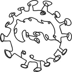 Virus particle is radiating in hand-drawn line art, with swirling spikes, transparent background