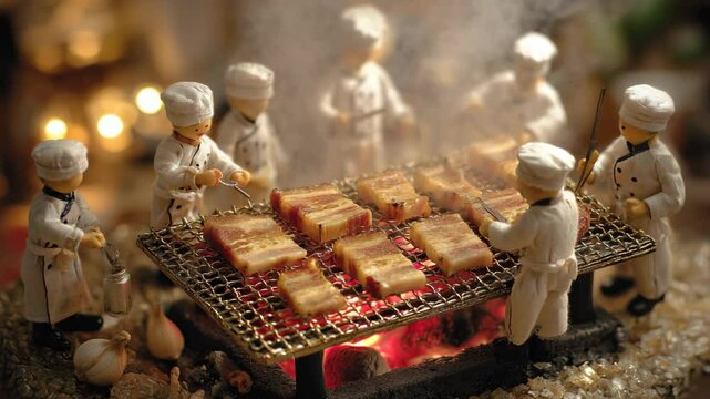 cute chef dolls grilled bacon on tiny small rack with smoke and fire