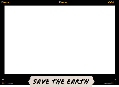 Naklejki Flat overlay is featuring teal box, clear background, gold arrows, SAVE EARTH banner, copy space