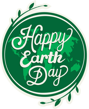 Naklejki Earth Day badge is featuring flat map silhouette with Happy Earth Day, leaf motifs, transparent