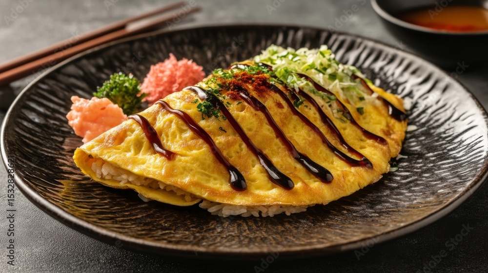Poster a scenic presentation of omelet rice served on a decorative plate, with the omelet artfully folded a