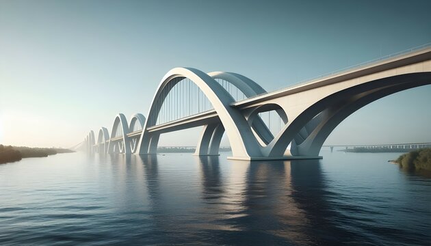Contemporary bridge featuring elegant concrete arches and clean lines, spanning a wide river, clear sky