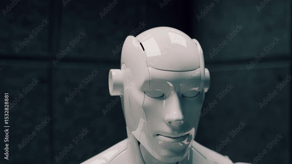Poster close-up of white humanoid robot face with serene neutral expression - artificial intelligence and f