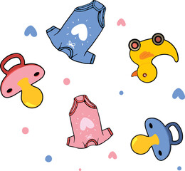 Showing flat pastel rompers, pacifiers, yellow duck toy, hearts and dots on transparent background