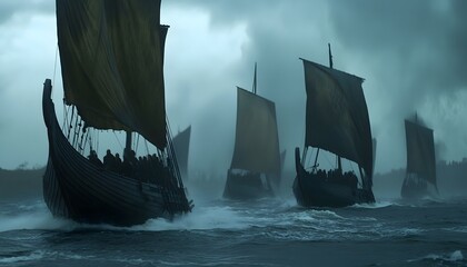 Viking longships navigate a stormy sea.