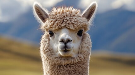 Obraz premium Close-Up Portrait of a Fluffy Alpaca in the Andes Mountains with Soft Natural Lighting