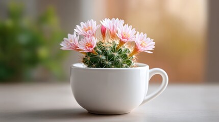 Naklejka premium Vibrant Cactus Plant Adorned with Pink Flowers Growing in a White Cup on a Softly Blurred Natural Background