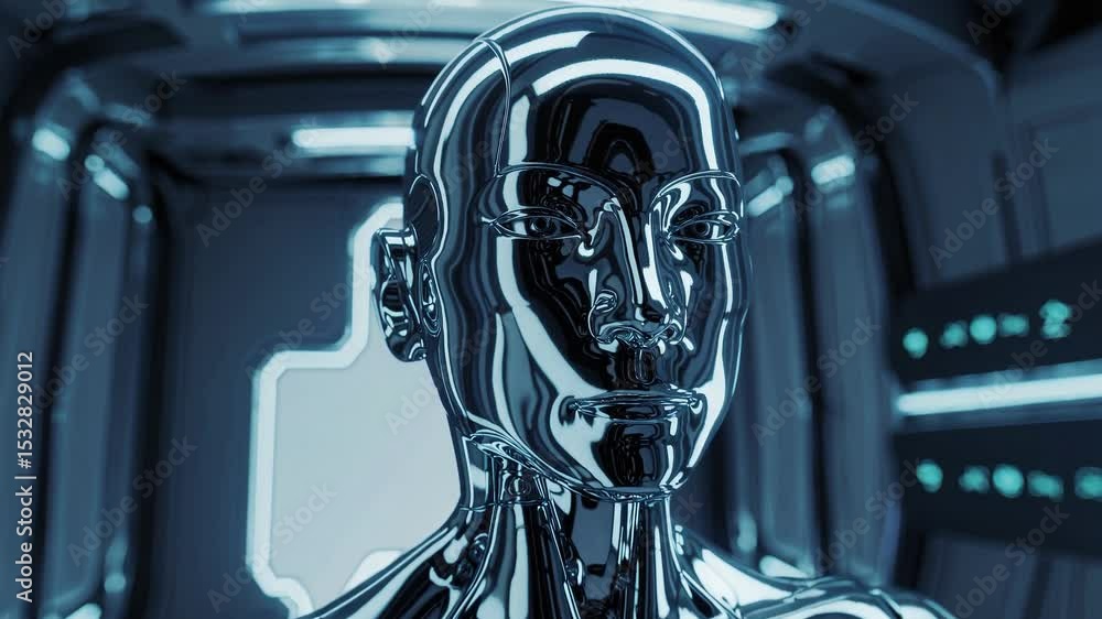 Poster metallic humanoid robot standing in high-tech futuristic chamber with glowing lights - ai and advanc