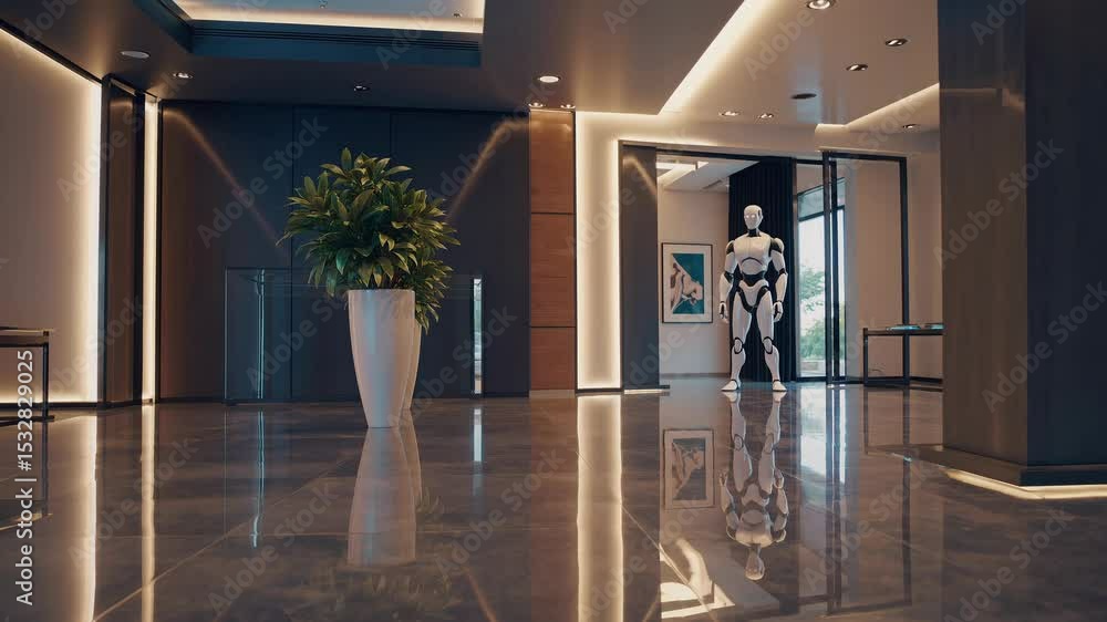 Poster humanoid robot standing still in modern corporate lobby with warm lights and clean design - concept 