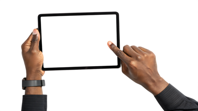 Black hands holding tablet with blank screen isolated on a white background png generated ai