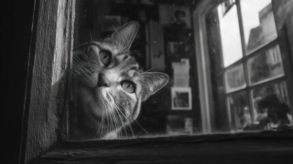 Curious Cat Gazing Through Dusty Window