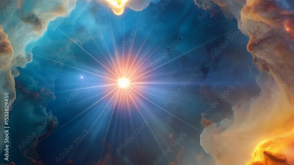 Poster celestial formation with nebula and radiant light in a heart shape cosmic display of heavenly clouds