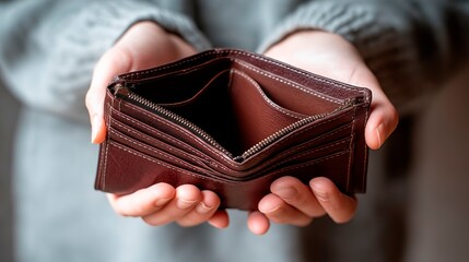 Close-Up of Empty Wallet Held in Hands – No Cash or Cards, Concept of Financial Struggle, Budgeting, Poverty, Economic Hardship, Money Problems, Personal Finance, Economic Crisis