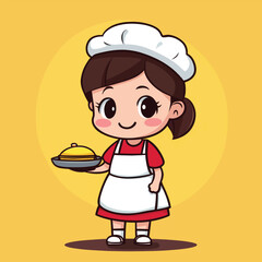 Adorable Cartoon Chef Girl Presenting Dish Under Dome